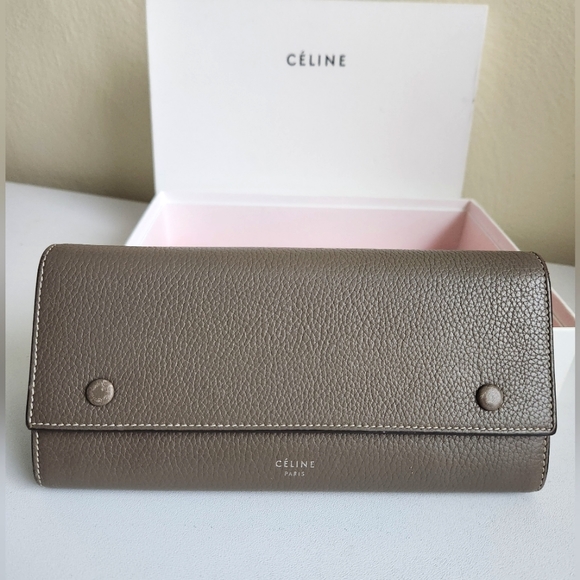 Celine Grained Calfskin Leather Bicolor Gray Yellow Snap Large Long Flap… - Picture 1 of 15